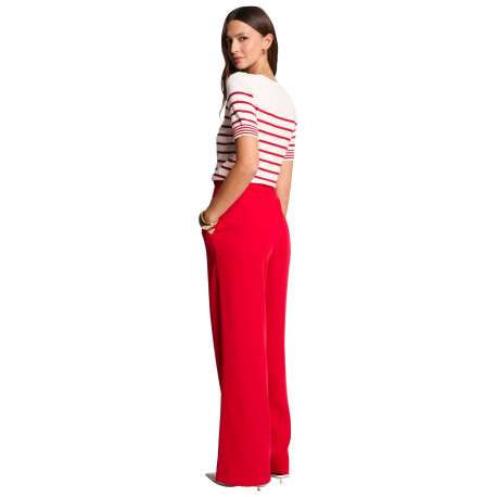 Chino rouge uni bootcut avec taille élastiquée à fronces et poches - Image 7