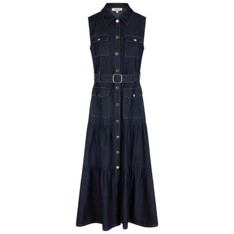 Robe longue brut unie ajustée à col français et sans manches avec ceinture
