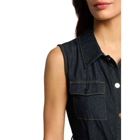 Robe longue brut unie ajustée à col français et sans manches avec ceinture - Image 3