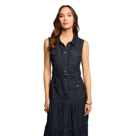 Robe longue brut unie ajustée à col français et sans manches avec ceinture - Image 4