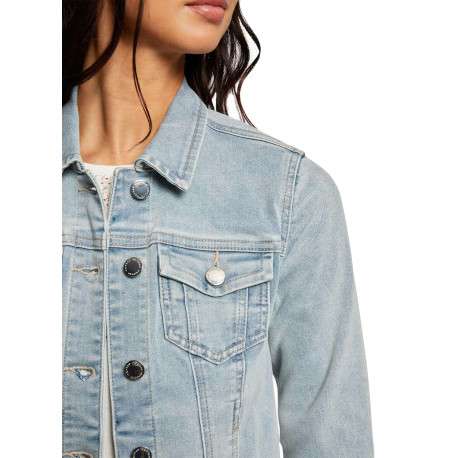 Blouson en Jean en coton bleu jean clair uni droit à col à revers et boutons - Image 3