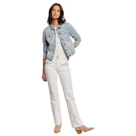 Blouson en Jean en coton bleu jean clair uni droit à col à revers et boutons - Image 4