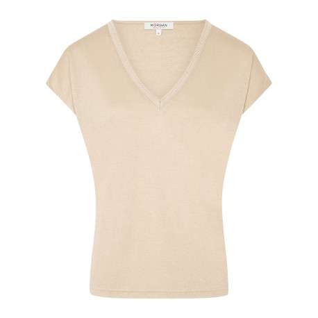 T-shirt écru uni à coupe ajustée, col v à liseré métallisé et à manches courtes