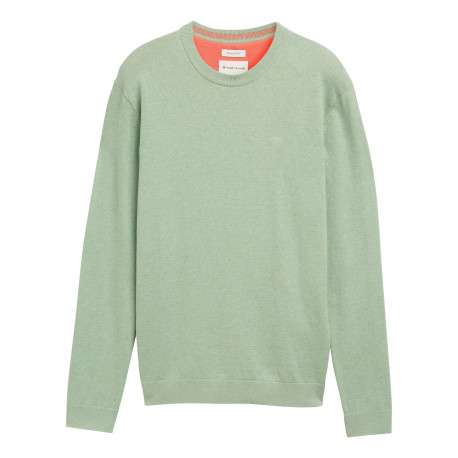 Pull en coton vert chiné avec un col rond et le logo de la marque brodé