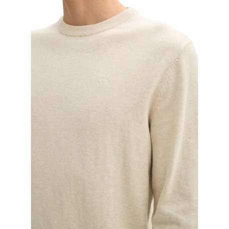 Pull en coton écru chiné avec un col rond et le logo de la marque brodé - Image 3