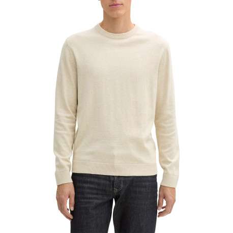 Pull en coton écru chiné avec un col rond et le logo de la marque brodé - Image 4