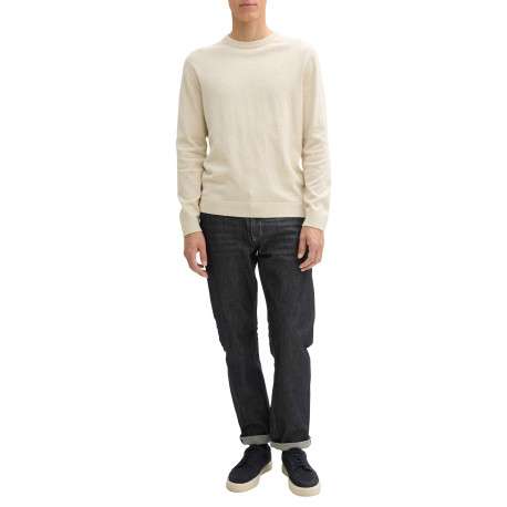Pull en coton écru chiné avec un col rond et le logo de la marque brodé - Image 5