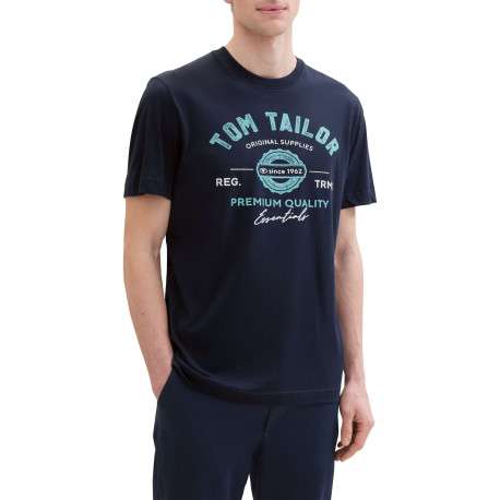 T-shirt en coton bleu marine à col rond avec un gros imprimé à l'avant - Image 4