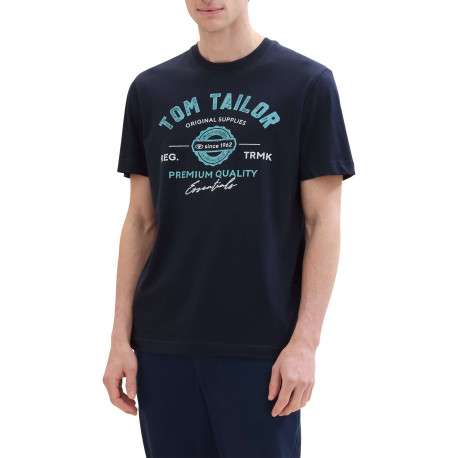 T-shirt en coton bleu marine à col rond avec un gros imprimé à l'avant - Image 6