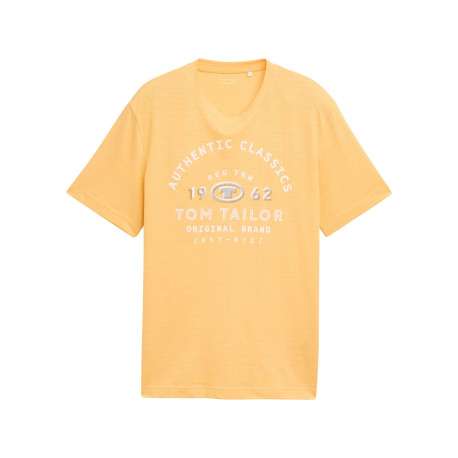 T-shirt en coton orange à fines rayures avec un col rond et un gros imprimé