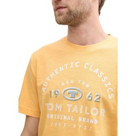 T-shirt en coton orange à fines rayures avec un col rond et un gros imprimé - Image 3