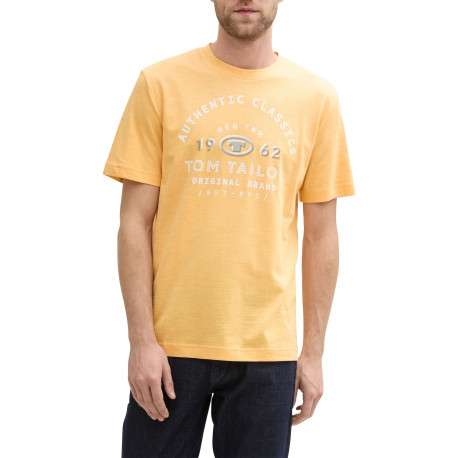 T-shirt en coton orange à fines rayures avec un col rond et un gros imprimé - Image 4