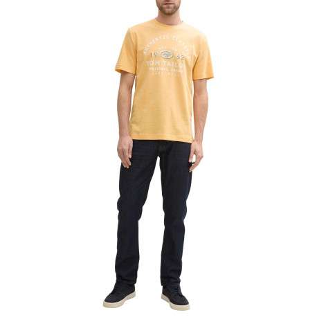 T-shirt en coton orange à fines rayures avec un col rond et un gros imprimé - Image 5