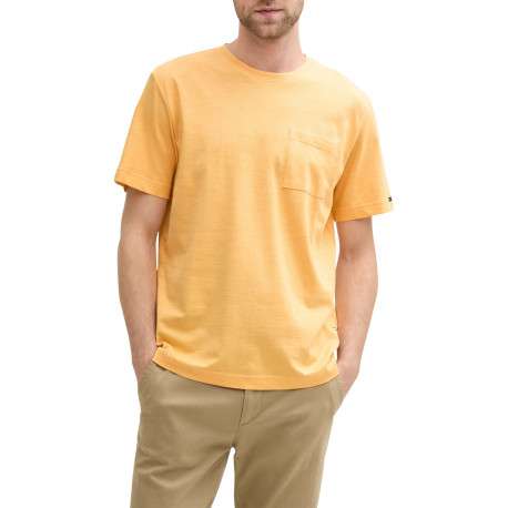T-shirt en coton orange rayé à col rond avec une petite poche à la poitrine - Image 4