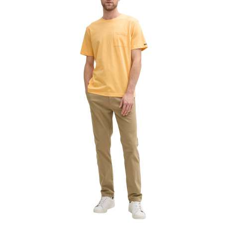T-shirt en coton orange rayé à col rond avec une petite poche à la poitrine - Image 5