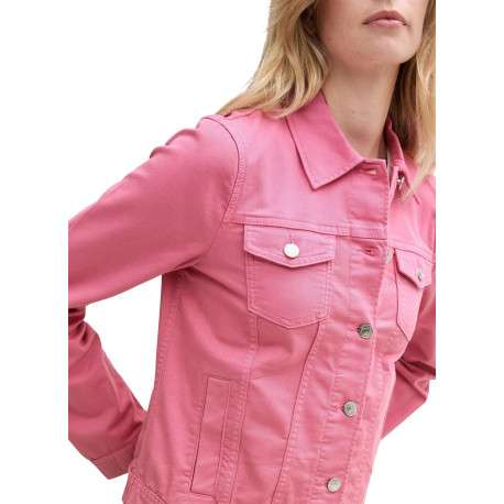 Veste en jean courte en coton rose unie avec un col à revers - Image 3