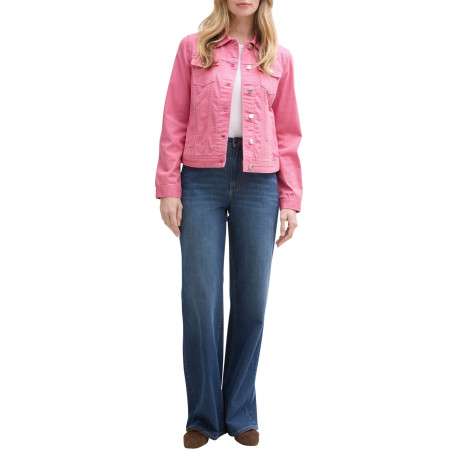 Veste en jean courte en coton rose unie avec un col à revers - Image 5