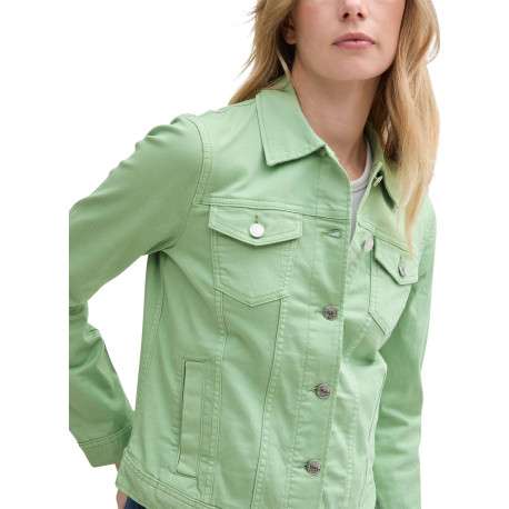 Veste en jean courte en coton verte unie avec un col à revers - Image 3