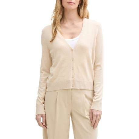Cardigan beige uni léger avec un col v et des boutons à l'avant - Image 4