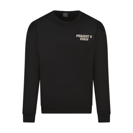 Sweat noir imprimé dans le dos col rond avec marque sur le devant 