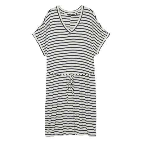 Robe courte blanche à rayures bleues marine avec une coupe droite fluide - Image 5