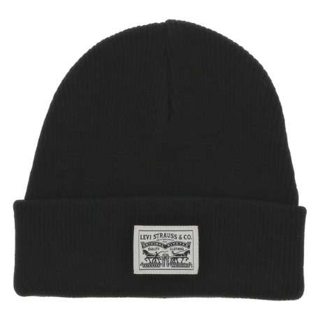 Bonnet en coton noir uni avec marque sur le revers maille en tricot simple