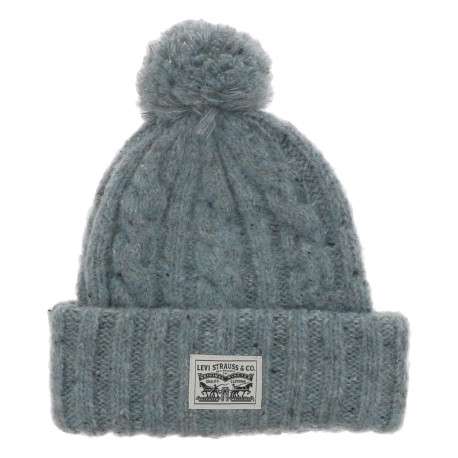 Bonnet gris uni avec pompon mouliné et patch cousu sur revers