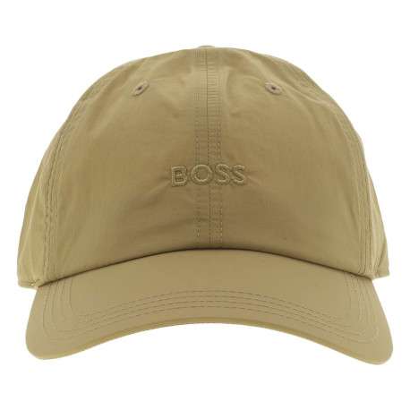 Casquette camel avec fermeture par scratch et marque inscrite sur le devant
