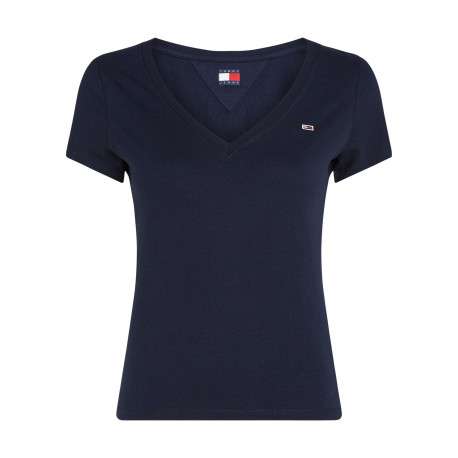 T-shirt en coton régénératif marine uni ajusté avec un col v et logo