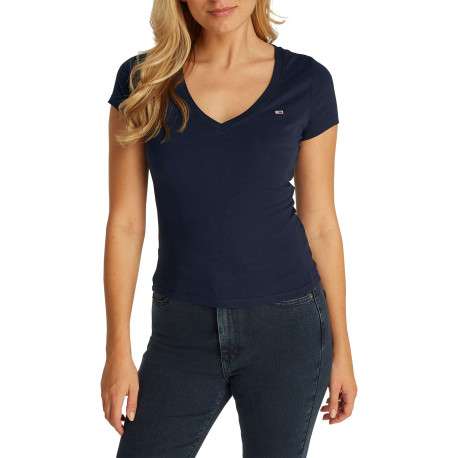 T-shirt en coton régénératif marine uni ajusté avec un col v et logo - Image 4