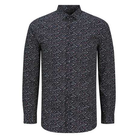 Chemise en coton marine à motif floral avec un col français et une coupe slim