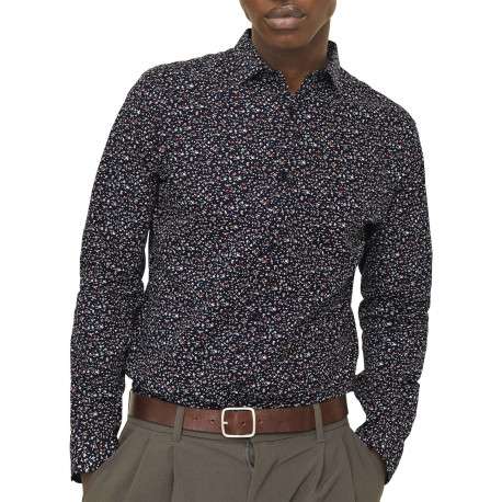 Chemise en coton marine à motif floral avec un col français et une coupe slim - Image 4