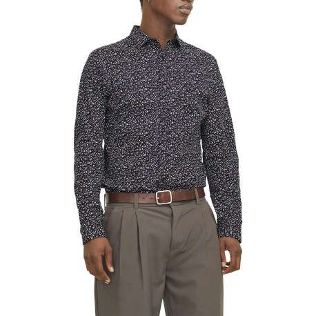 Chemise en coton marine à motif floral avec un col français et une coupe slim - Image 5
