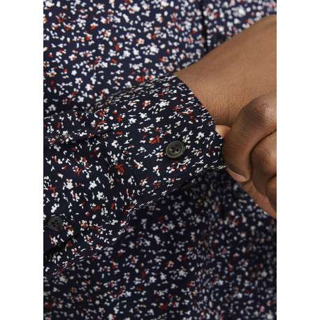Chemise en coton marine à motif floral avec un col français et une coupe slim - Image 6