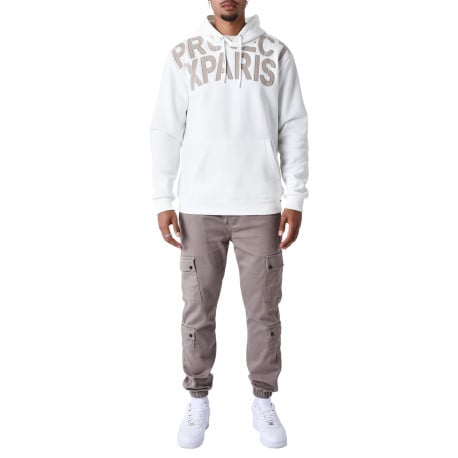 Sweat blanc imprimé à coupe ample avec nom de la marque taupe et col à capuche