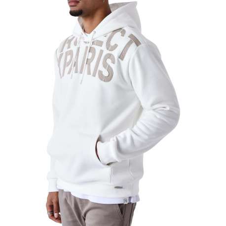 Sweat blanc imprimé à coupe ample avec nom de la marque taupe et col à capuche - Image 3