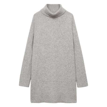 Robe courte grise unie droite à col montant et à manches longues en mailles