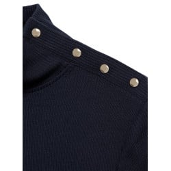 T-shirt marine uni droit à col montant et manches longues et boutons décoratifs