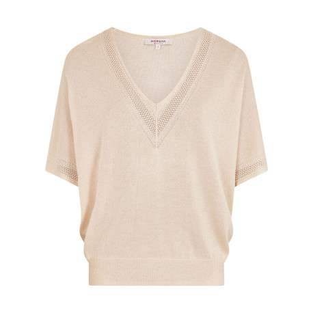 Pull écru uni ample et fluide à col v à dentelle et à manches courtes
