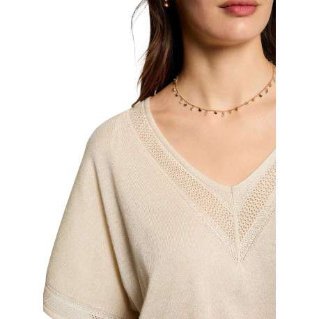Pull écru uni ample et fluide à col v à dentelle et à manches courtes - Image 3