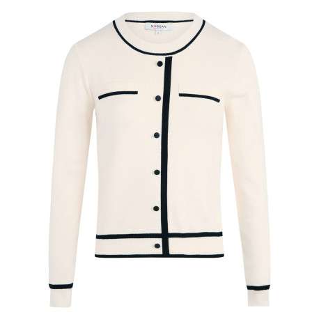 Pull écru bicolore à coupe droite, col rond et à manches courtes et boutons