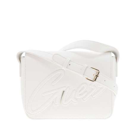 Sac à main porté épaule blanc uni avec rabat à la forme de la marque et pression