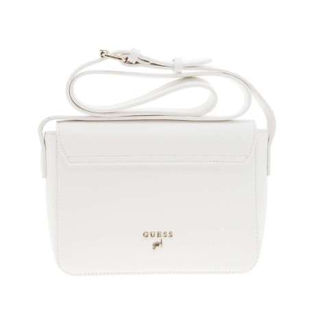 Sac à main porté épaule blanc uni avec rabat à la forme de la marque et pression - Image 3