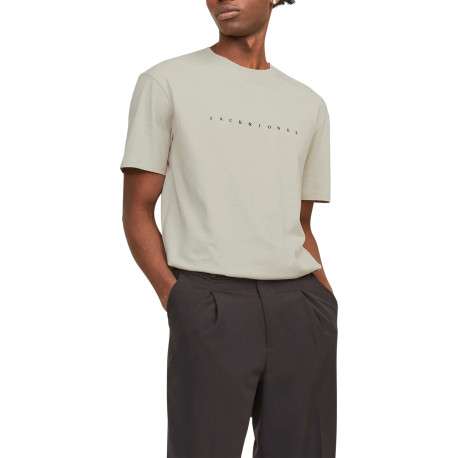 T-shirt en coton beige uni avec une coupe droite et un col rond - Image 2