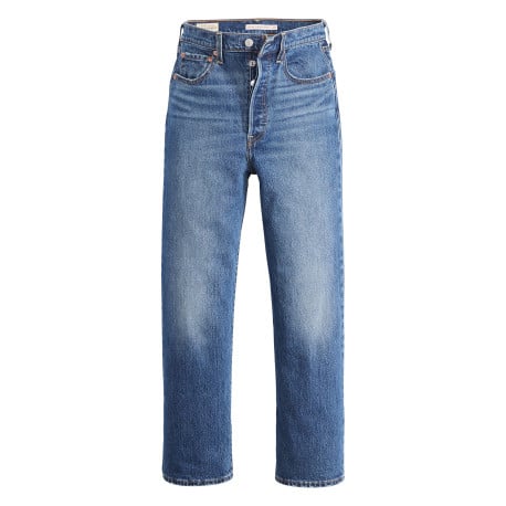 Jean Ribcage Straight Ankle droit en coton bleu délavé avec rivets cuivrés
