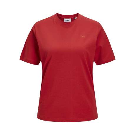 T-shirt en coton biologique rouge uni avec un col rond et le nom de la marque