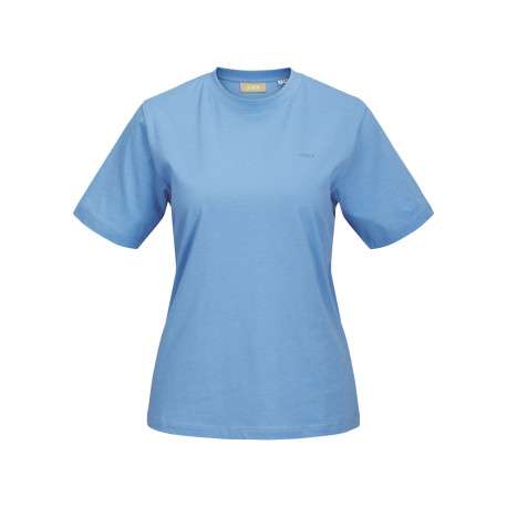 T-shirt en coton biologique bleu uni avec un col rond et le nom de la marque