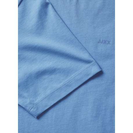 T-shirt en coton biologique bleu uni avec un col rond et le nom de la marque - Image 3