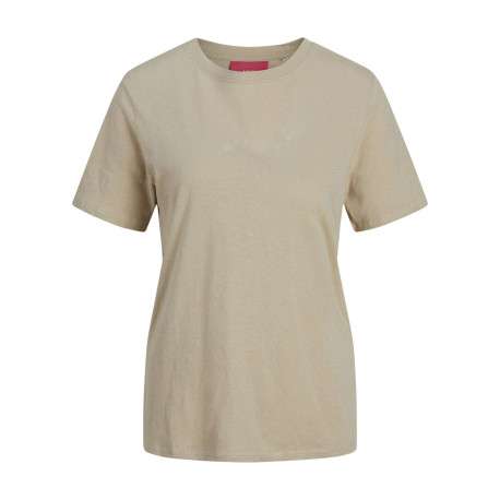 T-shirt en lin et coton beige uni avec une coupe droite et un col rond