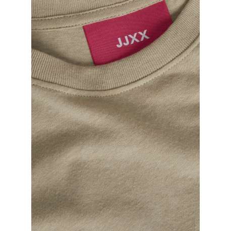 T-shirt en lin et coton beige uni avec une coupe droite et un col rond - Image 3